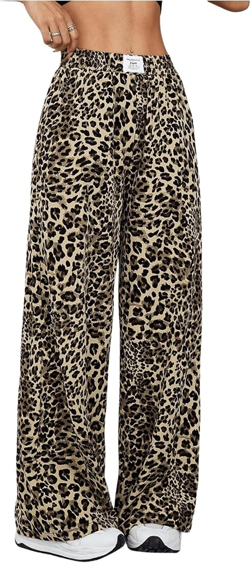 Milumia Women's Leopard Print Elastic Waisted Wide Leg Long Pants Trousers | Amazon (US)