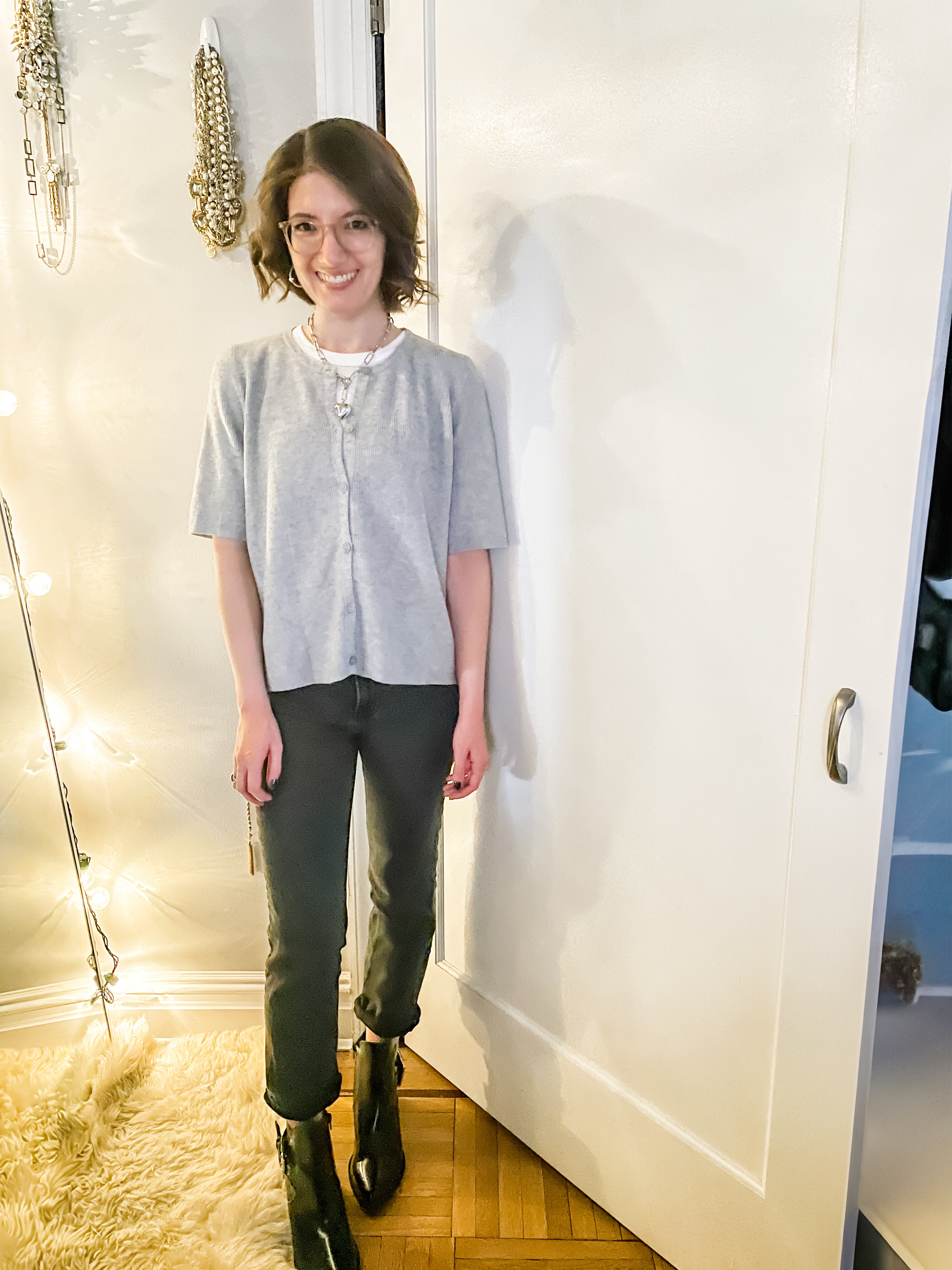 Tank: TTS
Short sleeve cardigan: TTS (the best!)
Jeans: I sized up 1, could have also sized up 2. Wearing the regular length 
Booties: TTS

#LTKWorkwear #LTKSaleAlert #LTKHoliday