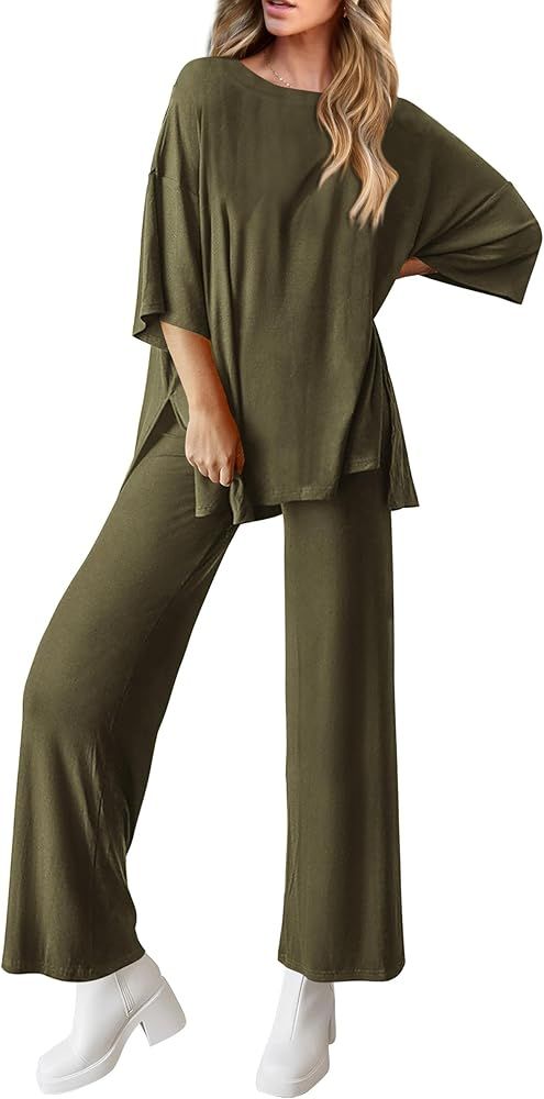 PRETTYGARDEN Women's 2 Piece Outfits Casual Short Sleeve Pullover Tops and Wide Leg Pants Lounge ... | Amazon (US)
