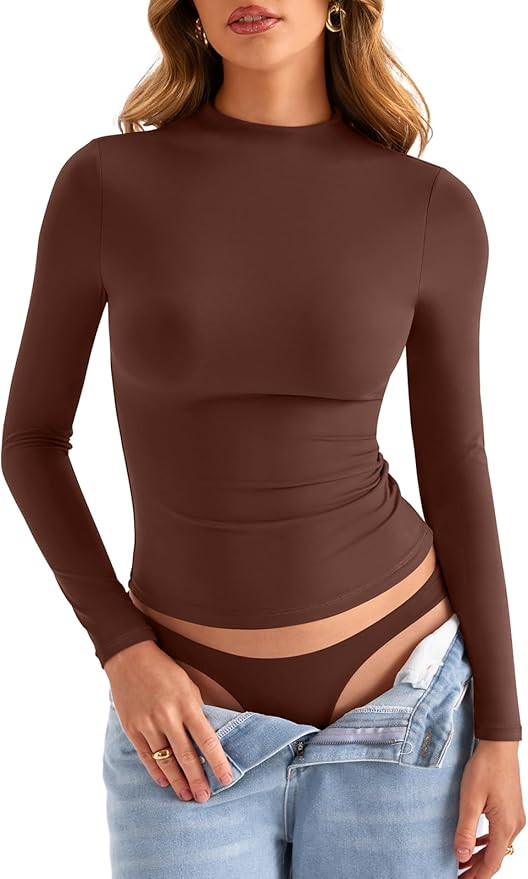 Womens Double Lined Mock Turtle Neck Long Sleeve Tops Slim Fitted Going Out Tops Basic T Shirts | Amazon (US)