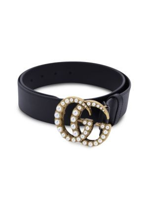 Gucci Pearl Embellished Double G Buckle Belt In Black Leather | Saks Fifth Avenue OFF 5TH