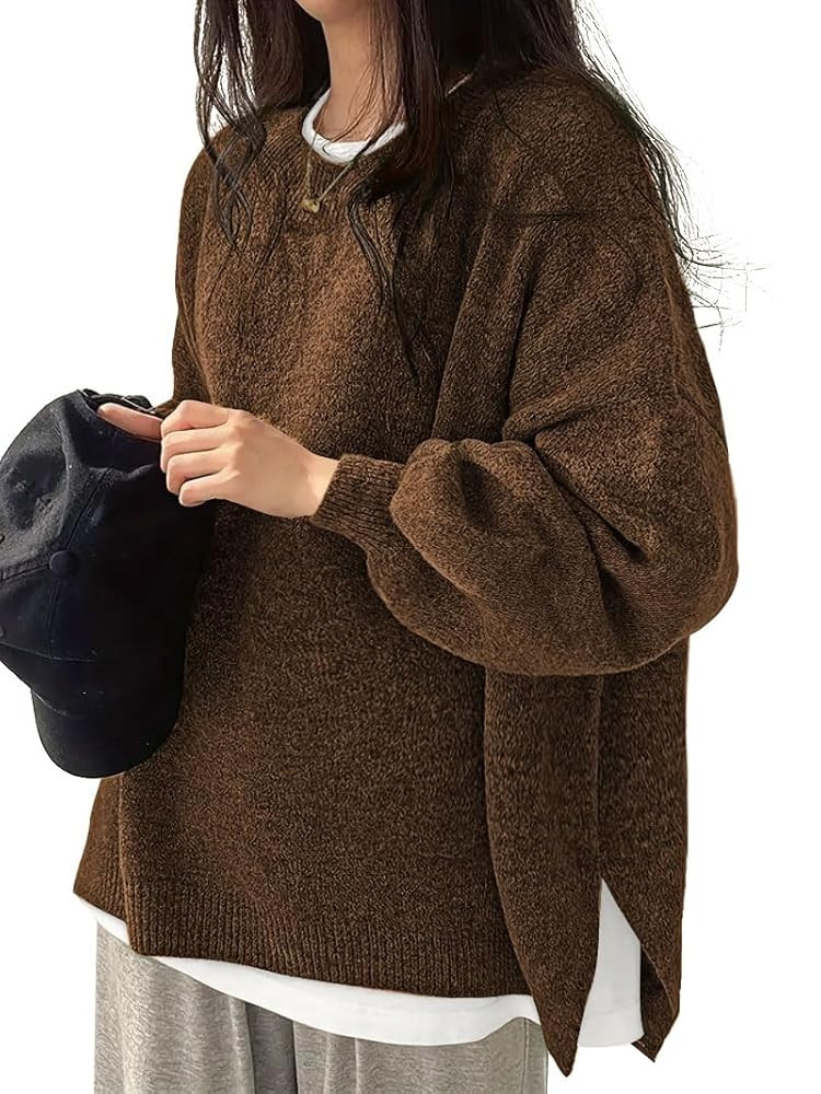 Women's Oversized Crewneck Sweaters Batwing Long Sleeve Side Slit Ribbed Knit Pullover Sweater To... | Amazon (US)