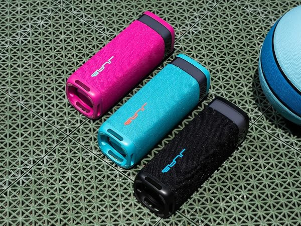 JLab JBuds Party Portable Bluetooth Speaker, 2 Full-Range Drivers + 2 Passive Woofers, IP56 Waterproof, 12 Hours Playtime, Connect Multiple Speakers, Custom Sound + RGB Lighting via App, Pink | Amazon (US)