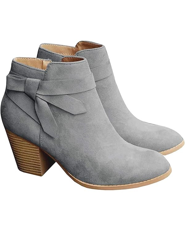 PiePieBuy Women's Tie Knot Chelsea Pump Ankle Boots Closed Toe Stacked Heel Booties Shoes | Amazon (US)