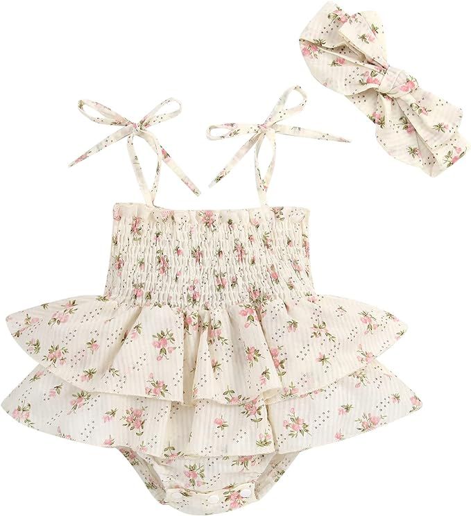 KMBANGI Newborn Baby Girl Summer Romper Dress Sleeveless Floral Elasticated Bust Ruffle Jumpsuit ... | Amazon (US)