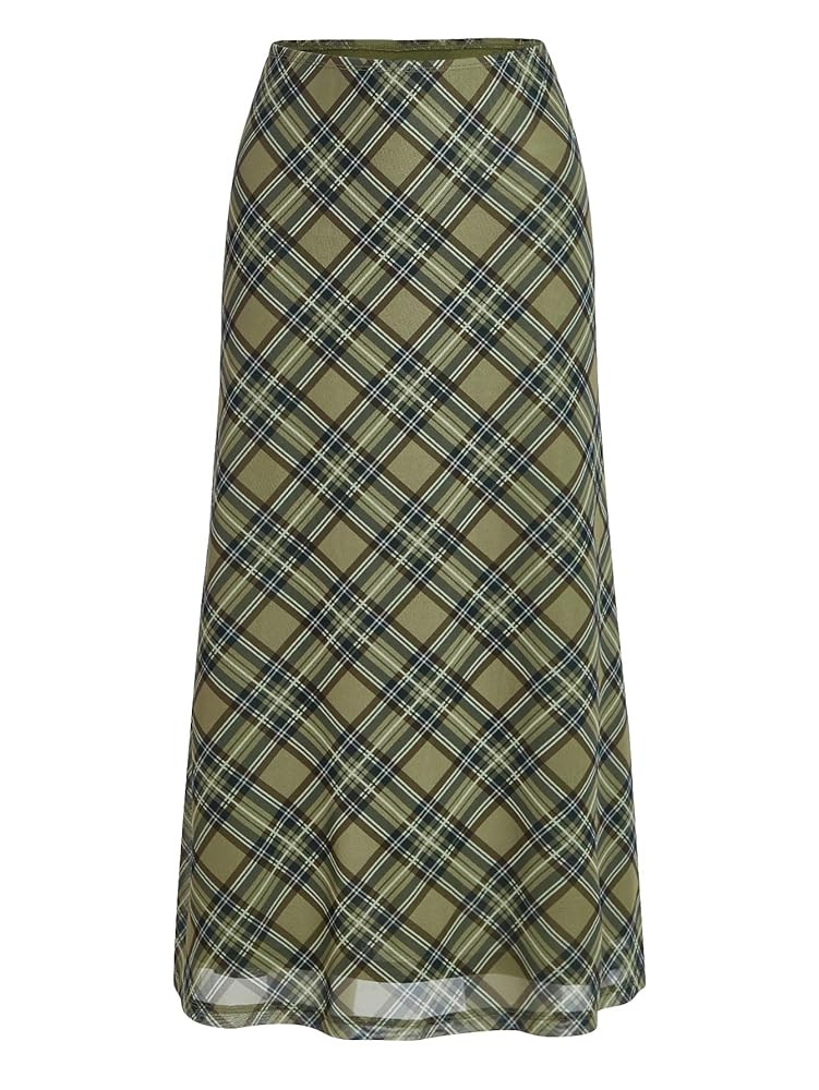 Verdusa Women's Plaid Skirt Y2k Mesh Overlay Midi Skirt Long Flowy Grunge Skirt | Amazon (US)