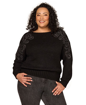 Democracy Plus Size Embroidered Shoulder Long-Sleeve Sweater - Macy's | Macy's