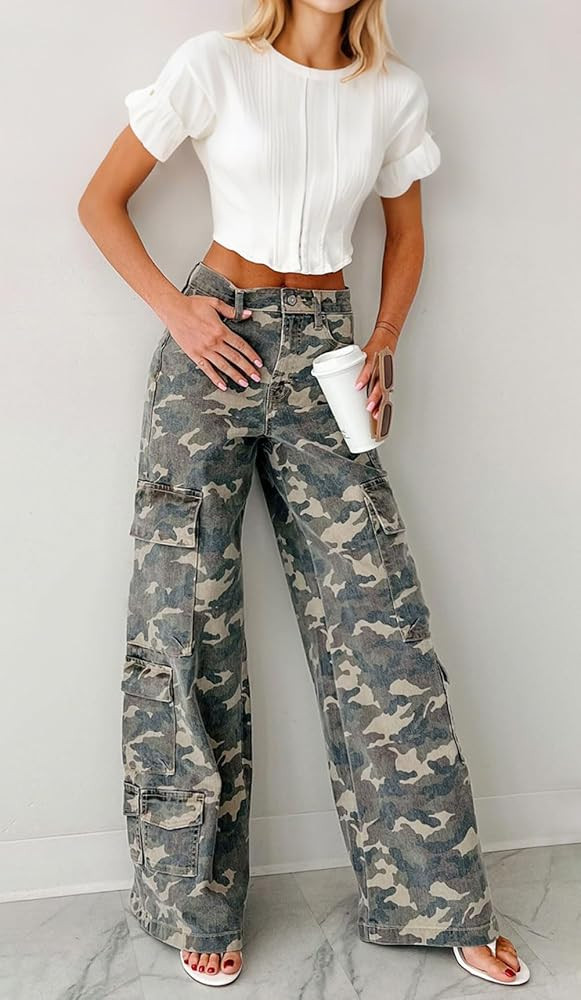 loveimgs Women Casual Camo Print Denim Pants Y2k Wide Leg Cargo Jeans Flare Distressed Camouflage... | Amazon (US)