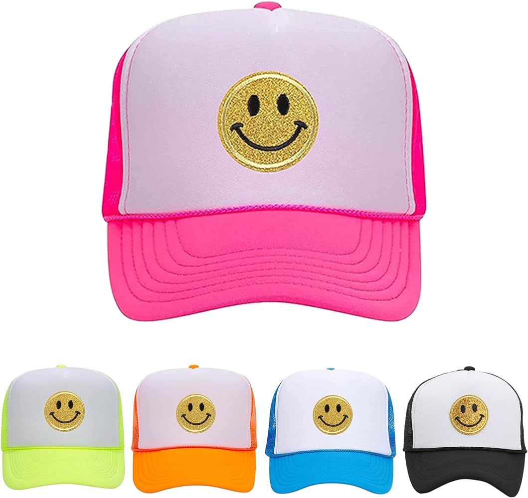 Yellow Glitter Smiley Face Hat High Crown Foam Mesh Trucker Hat Adjustable Snap Closure Cap for M... | Amazon (US)