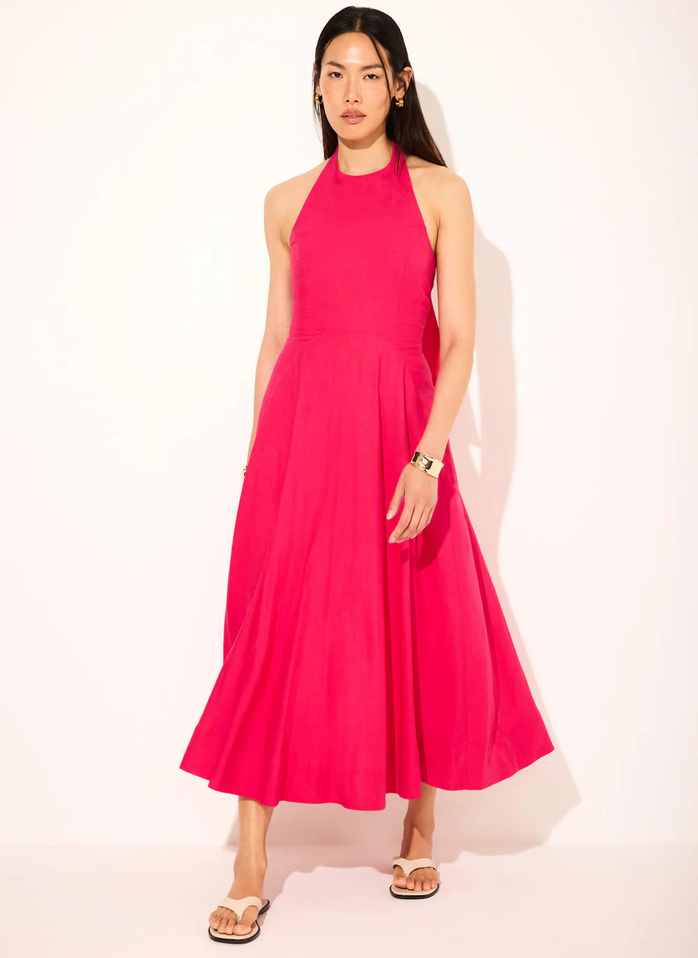 Pink Linen Blend Halter Midi Dress | Mint Velvet