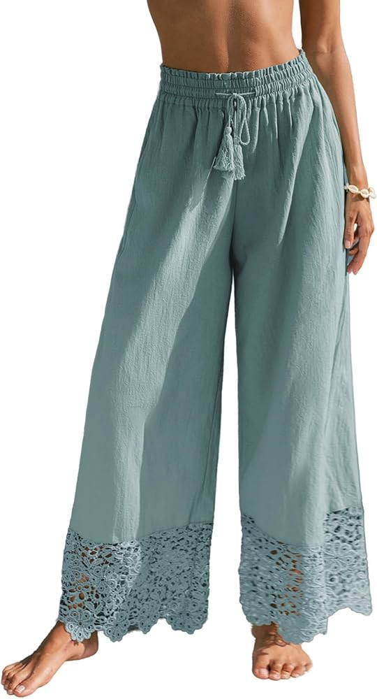 CUPSHE Women's Lace Trim Wide Leg Pants, Summer High Waist Palazzo Casual Cotton Beach Pants with... | Amazon (US)