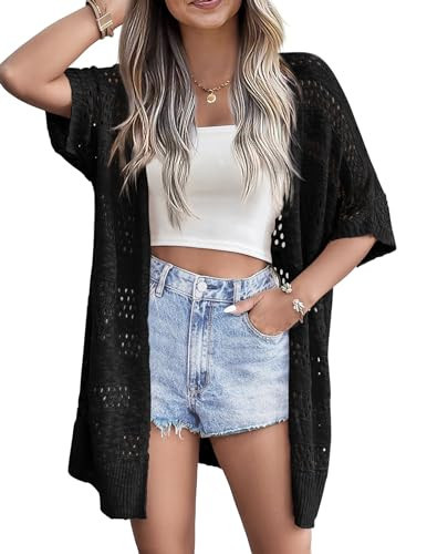 Zeagoo Lightweight Crochet Cardigans for Women Short Sleeve Summer Open Front Knit Boho Cardigan for Beach Black | Amazon (US)