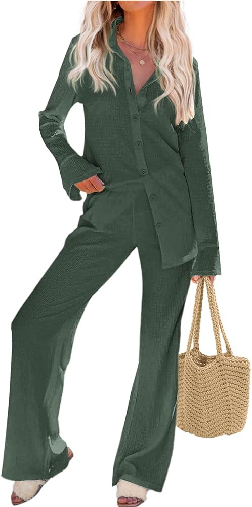 Ekouaer Womens 2 Piece Outfits Long Sleeve Button Down Shirt and Pants Matching Sets Loose Casual... | Amazon (US)