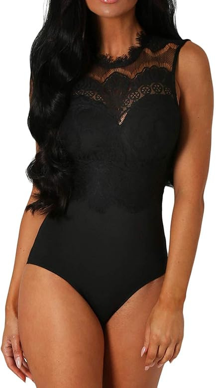 Womens Sexy Floral Lace High Neck Sleeveless Bodysuit Clubwear | Amazon (US)
