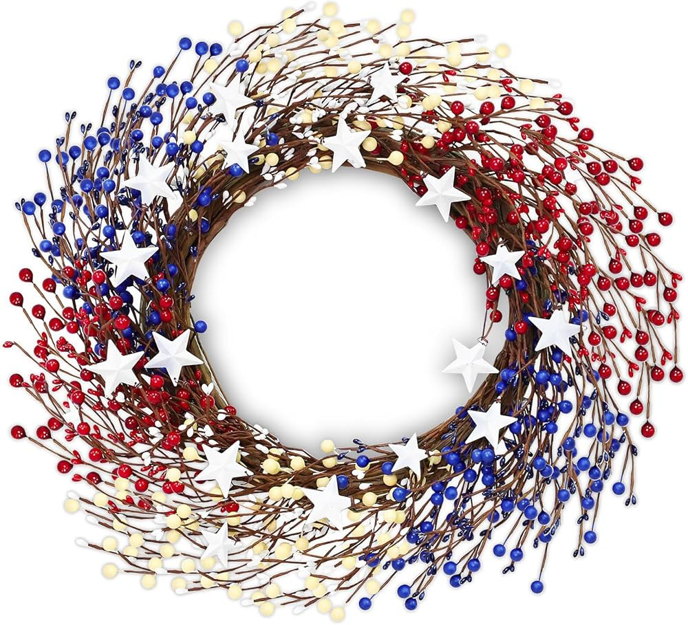 TURNMEON 20 Inch Thicker 4th of July Wreath Patriotic Wreaths for Front Door, Red White Blue Berr... | Amazon (US)