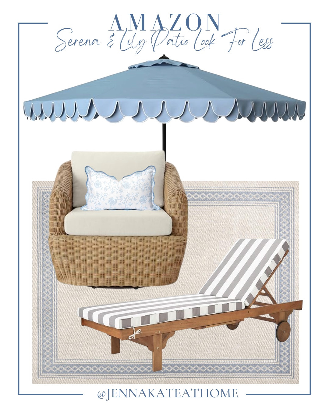 Amazon Serena & Lily looks for less includes umbrella, outdoor chair, outdoor rug, outdoor pillow, and lounge chair.

Home decor, patio decor, looks for less, coastal home

#LTKHome #LTKSeasonal #LTKSaleAlert