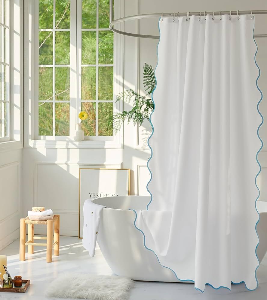 White Fabric with Aqua Scalloped Border Shower Curtain,Boho Chic Cloth Shower Curtain for Bathroo... | Amazon (US)