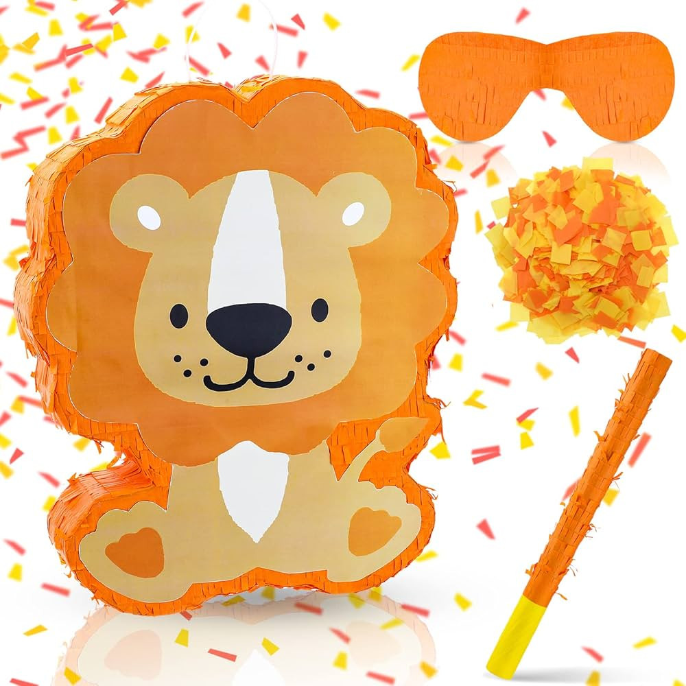 Lion Piñata with Stick Blindfold Confetti Set Safari Animal Wild Jungle Theme Piñata for Zoo An... | Amazon (US)