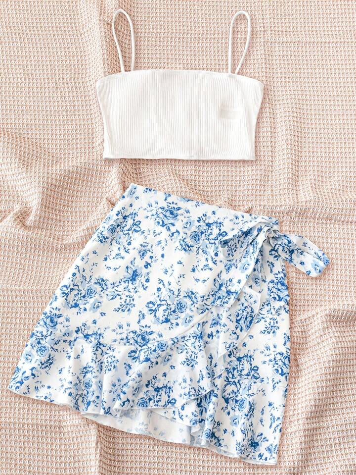 SHEIN WYWH Summer Women's Casual Country Style White Knit Spaghetti Strap Top And Blue/White Flor... | SHEIN