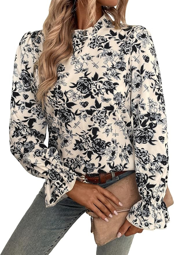 Floerns Women's Floral Print Ruffle Trim Long Sleeve Mock Neck Blouse Top | Amazon (US)
