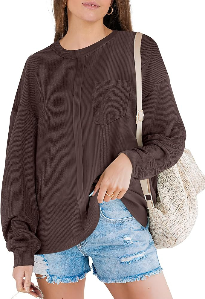 ANRABESS Women Oversized Long Sleeve Crewneck Ribbed Knit Shirts 2024 Fall Fashion Casual High Lo... | Amazon (US)