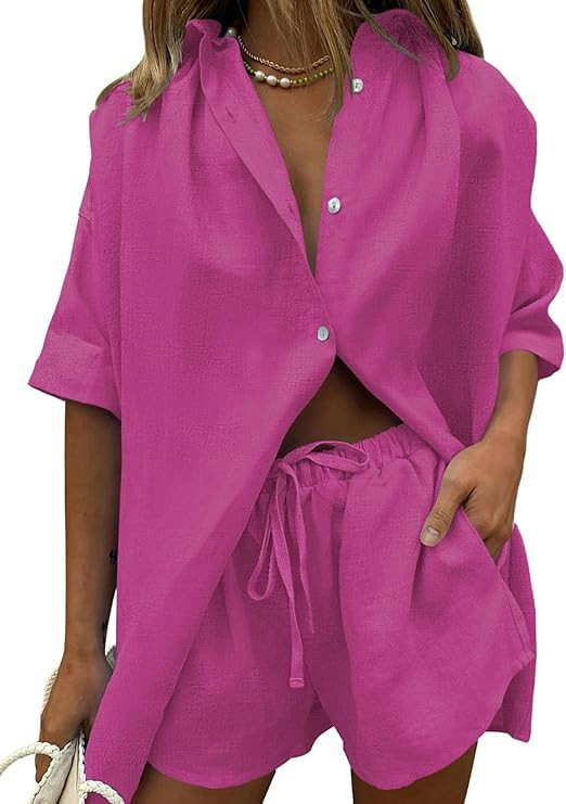 Fixmatti Women 2 Piece Outfits Long Sleeve Button Down Blouse and Shorts Sweatsuit Sets | Amazon (US)