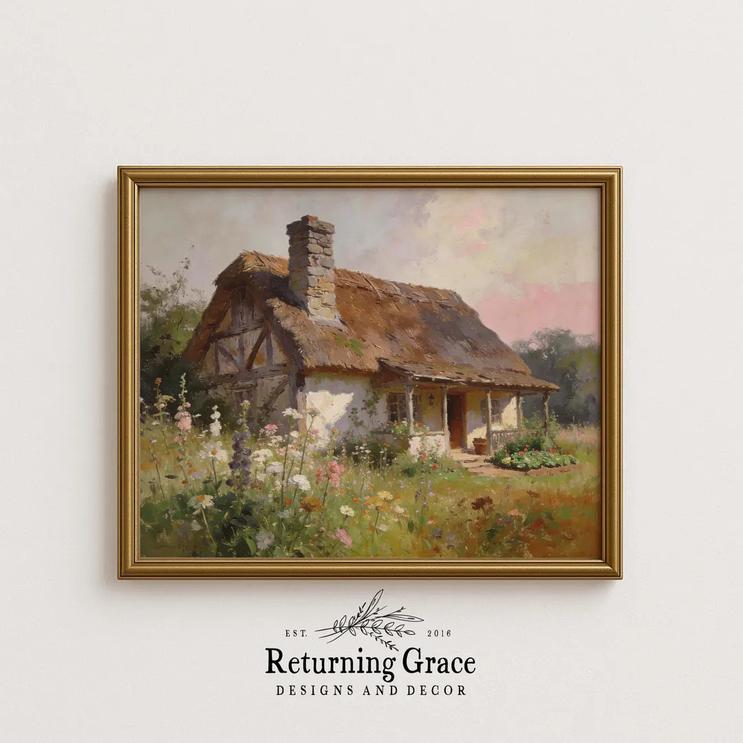 Vintage Cottage Art Print, Cottagecore Spring Landscape (digital Download), Cottage With the Pink... | Etsy (US)