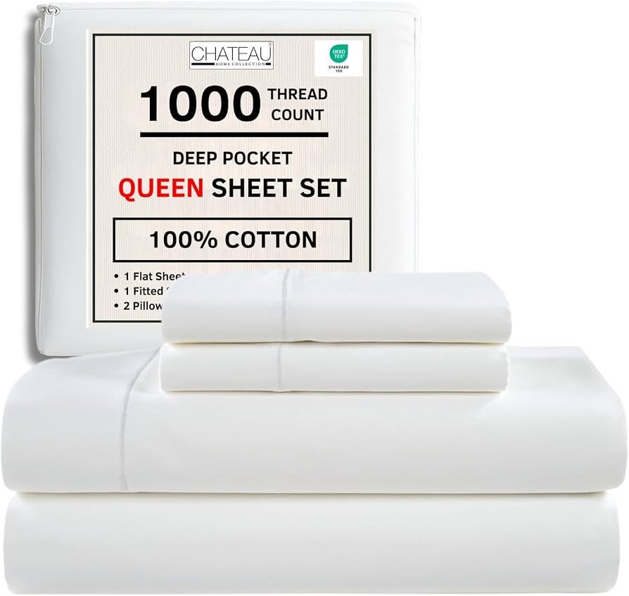 CHATEAU HOME COLLECTION 100% Cotton Sheets Queen Size Set - Certified 1000 Thread Count Breathabl... | Amazon (US)