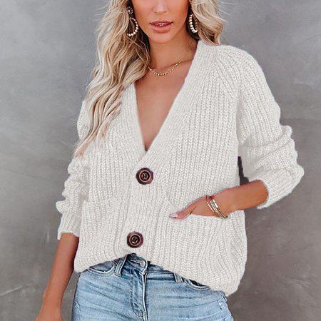 Women s Long Sleeve Cropped Button Front V Neck Soft Knit Cardigan Sweaters White XXXL EO701 | Walmart (US)