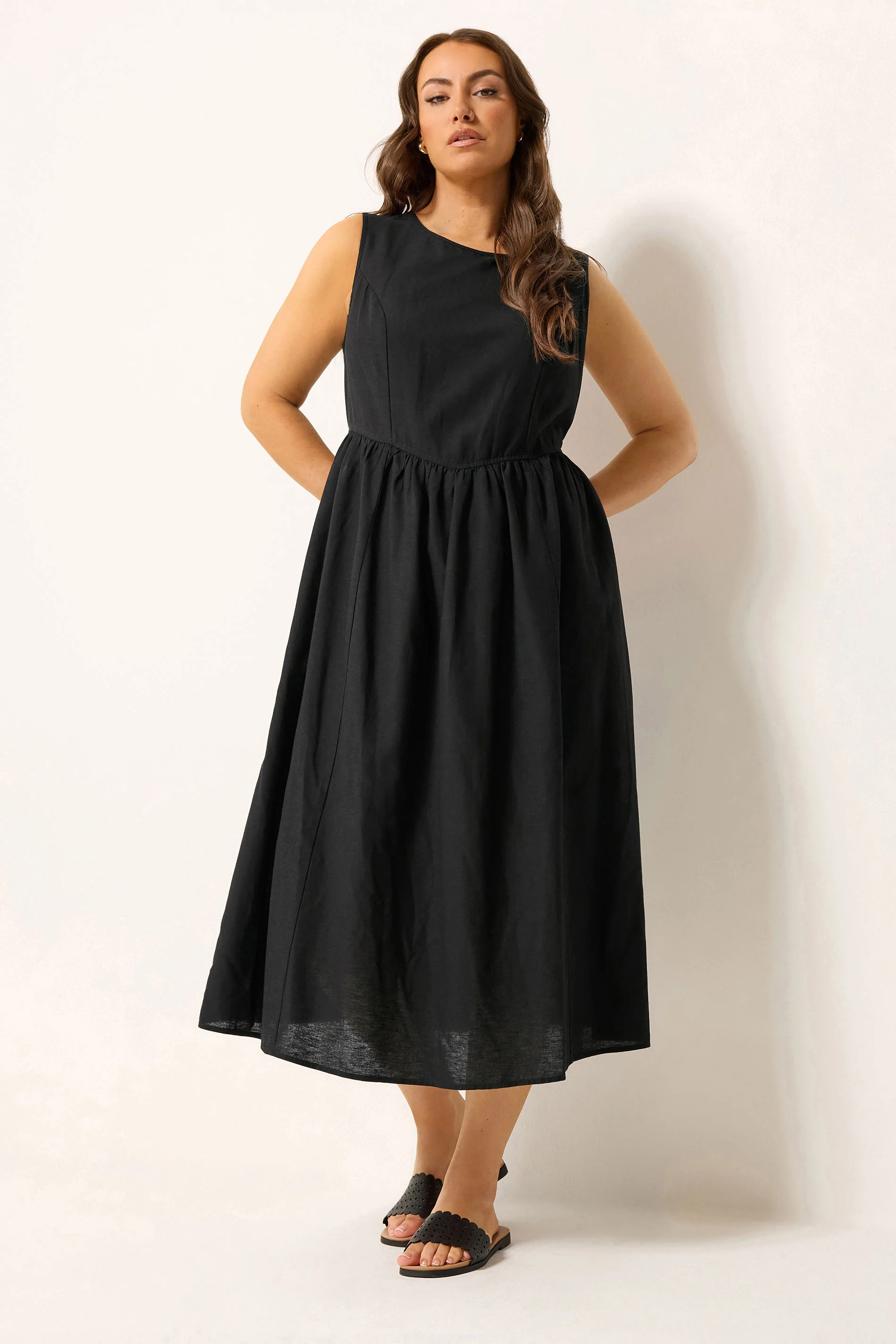 YOURS Plus Size Black Linen Midi Dress | Yours Clothing UK