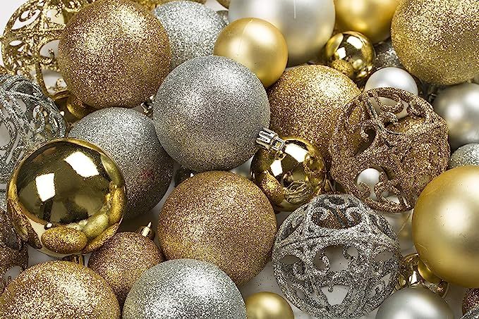 R N' D Toys 100 Gold and Silver Christmas Ornament Balls Shatterproof +100 Metal Ornament Hooks, ... | Amazon (US)