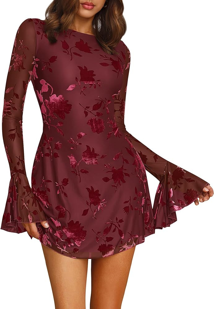 BTFBM Women Floral Wedding Guest Dress Fall 2025 Casual Long Sleeve Crew Neck Flowy Party Cocktai... | Amazon (US)