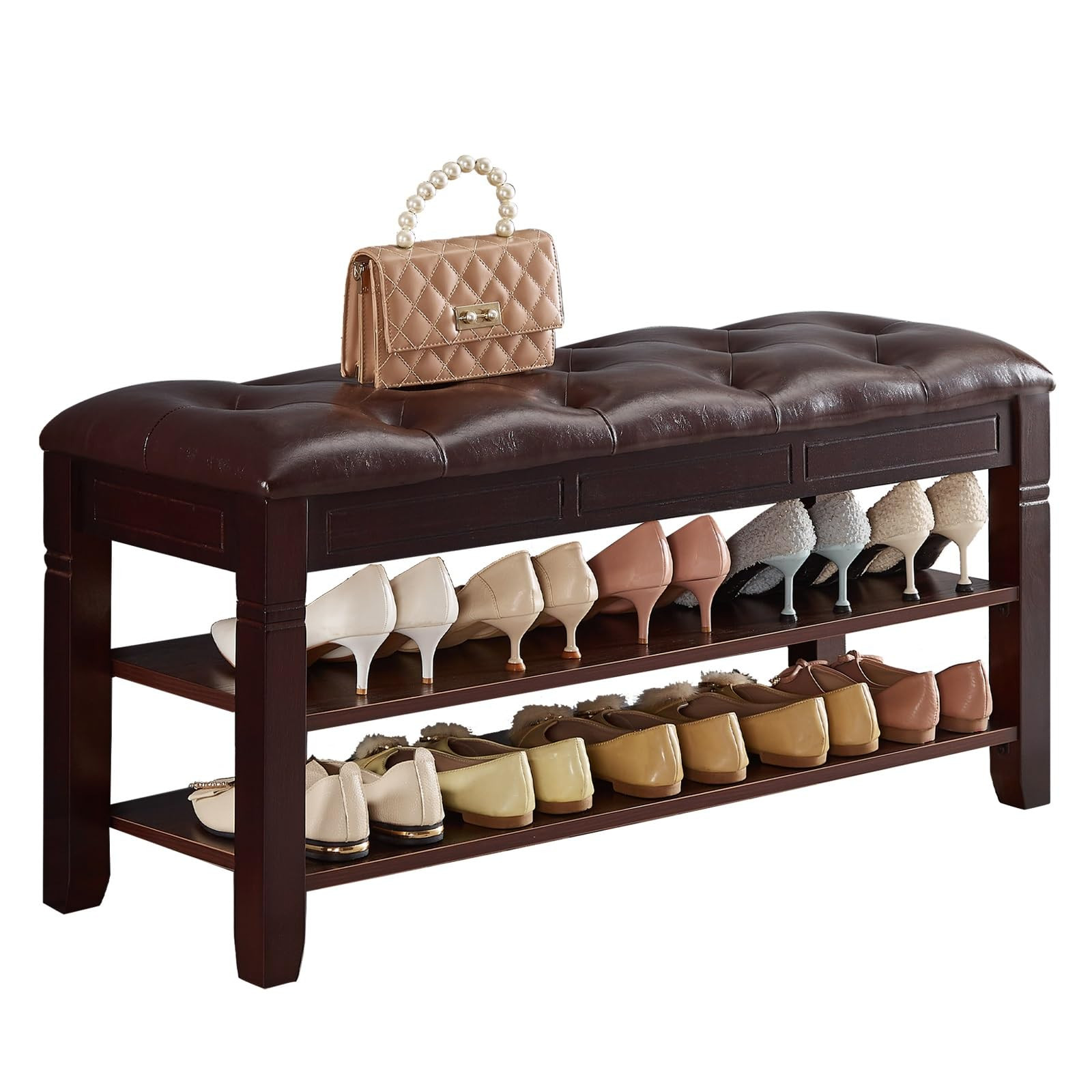 Shoe Storage Bench, Entryway Shoe Rack with Fiberleather Seat 2-Tier Lift Top Organizer Wooden Sh... | Amazon (US)