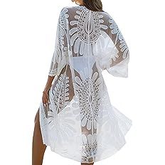 Blooming Jelly Womens Bathing Suit Cover Up 3/4 Sleeve Mesh Swimsuit Coverup Long Floral Beach La... | Amazon (US)