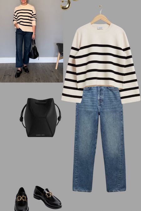Cropped straight jeans with a chunky striped jumper, chunky loafers and a bucket bag