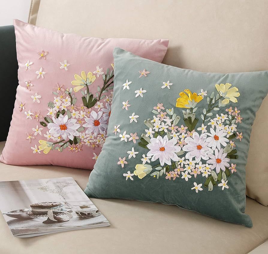 Spring Throw Pillow Covers with Embroidered Daisy Flower and Leaves Daily Home Decorative ,Home S... | Amazon (US)