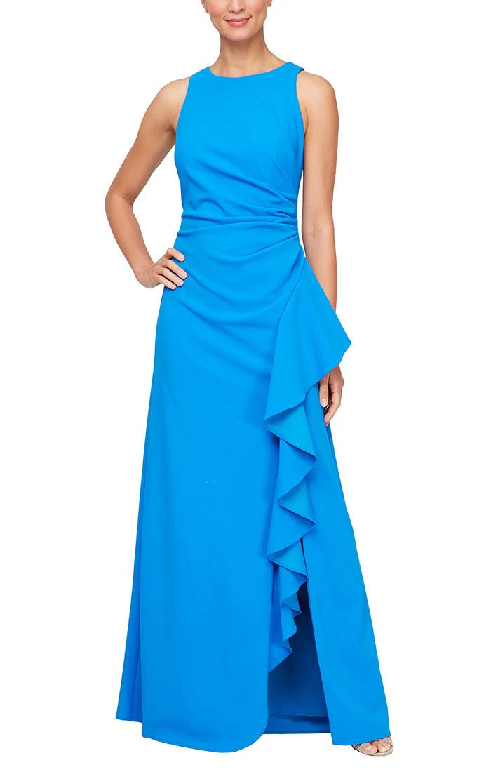 Long Sleeveless Stretch Crepe Dress with Cascade Ruffle Skirt Detail &amp; Cutaway Neckline | Alex Evenings