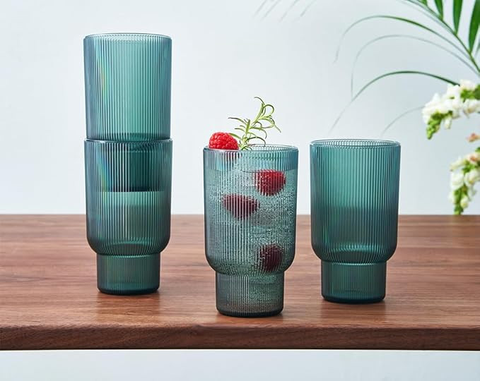 Shatterproof Acrylic Tall Drinking Glasses Set, European Style, Dishwasher Safe, Ribbed | Set of ... | Amazon (US)