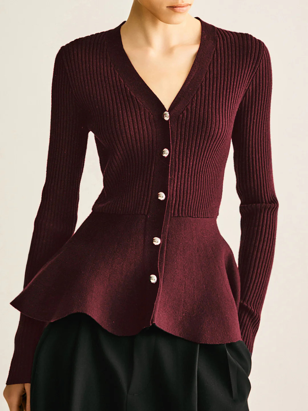 Oversized Ribbed Panel Bud Waist Button Knit Top | Commense