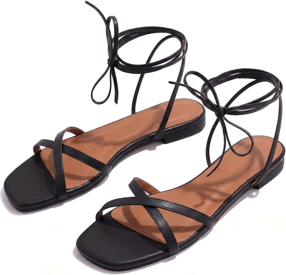 Strappy Flats Sandals for Women Comfortable Square Toe Lace Up Slides Beach Gladiator Wrap Sandal... | Amazon (US)