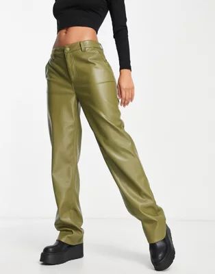 ASOS DESIGN faux leather straight leg pants in olive | ASOS | ASOS (Global)