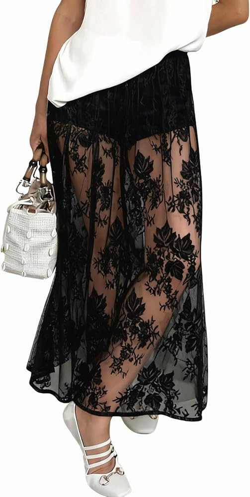 Perbai Women's Sexy Sheer Lace Skirt High Waisted Floral Embroidered Ruffled A Line Long Maxi Bea... | Amazon (US)