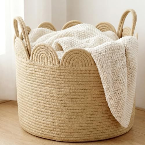 LemonRoad Brown Rope Basket Scalloped Woven Baskets 15.8" L x 15.8" w X13.8 h Cotton Storage Roun... | Amazon (US)