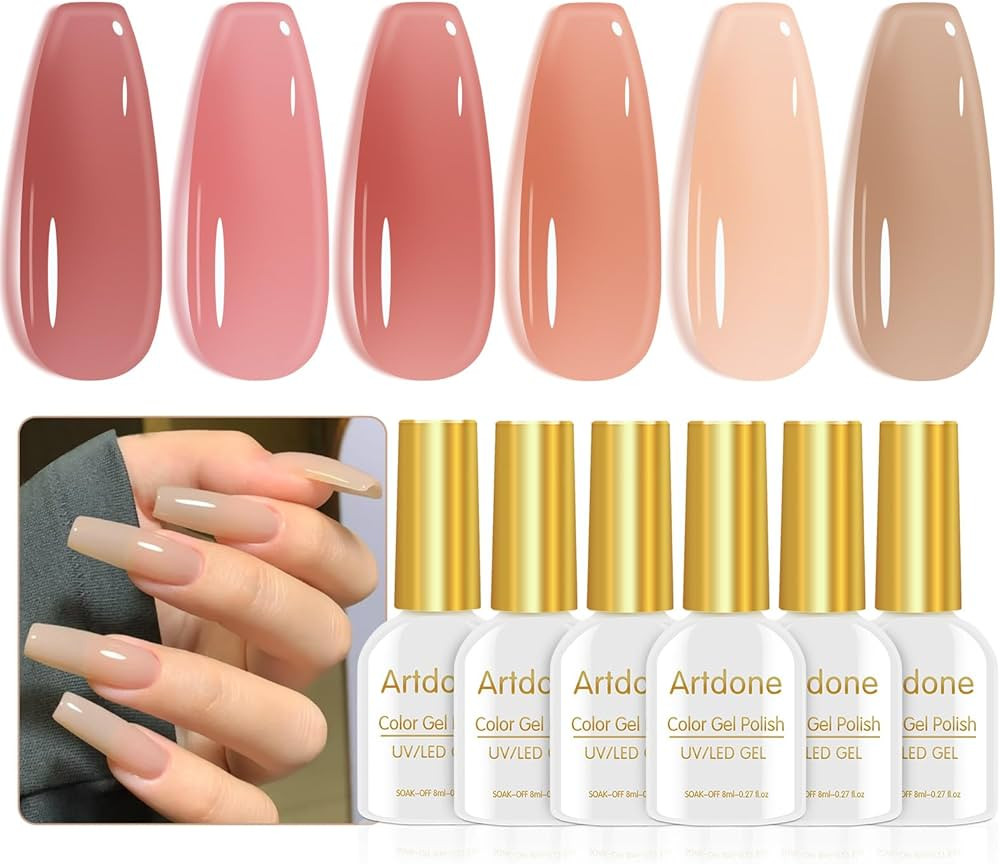 Artdone Sheer Gel Nail Polish Set Jelly UV Gel 6 Colors Translucent Pink Nude Brown Colors Nail P... | Amazon (US)