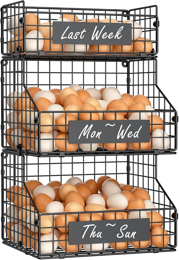 3-Tier Stackable Wire Baskets, Countertop Egg Organizer for Home & Farm Fresh Eggs, Wall-Mounted,... | Amazon (US)