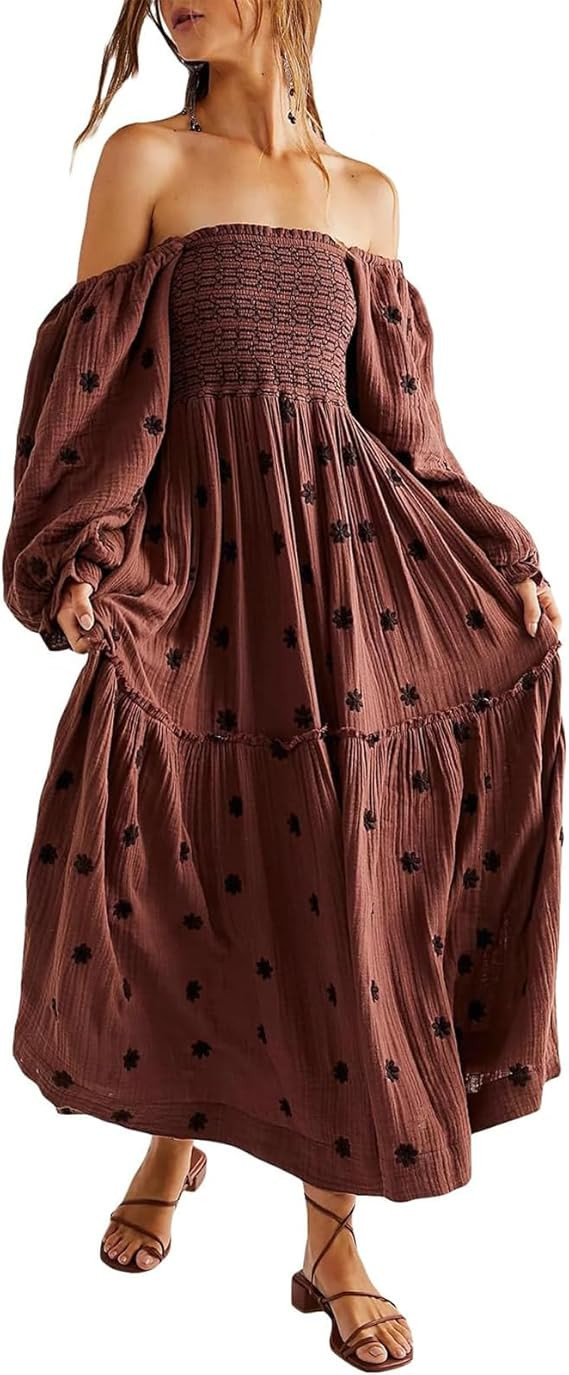 Women Floral Embroidered Maxi Dress Long Puff Sleeve Square Neck Bohemian Flowy Dress with Pocket... | Amazon (US)