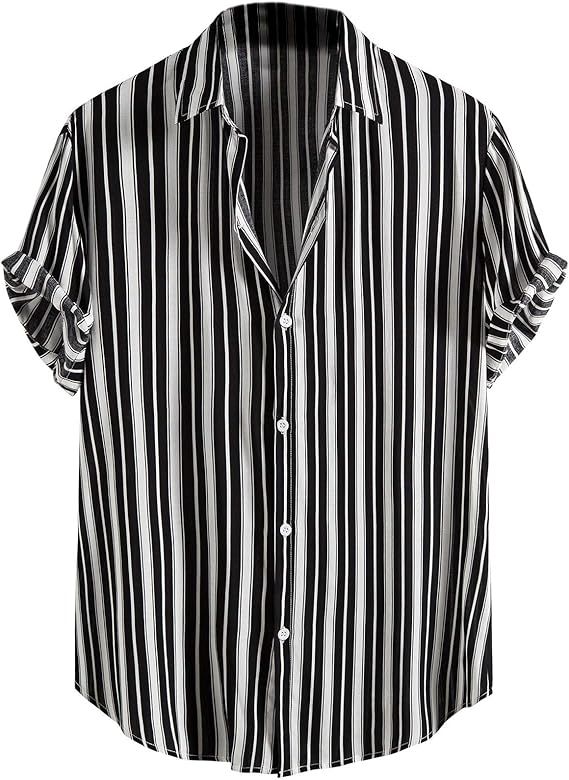 Floerns Men's Striped Shirts Casual Short Sleeve Button Down Shirts Black and White L | Amazon (US)