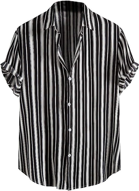 Floerns Men's Striped Shirts Casual Short Sleeve Button Down Shirts Black and White L | Amazon (US)