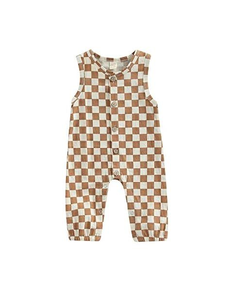 Baby Girl Boy Sleeveless Jumpsuit Button-Down Checkboard Plaid One-Piece Romper Playsuit Pants Su... | Amazon (US)