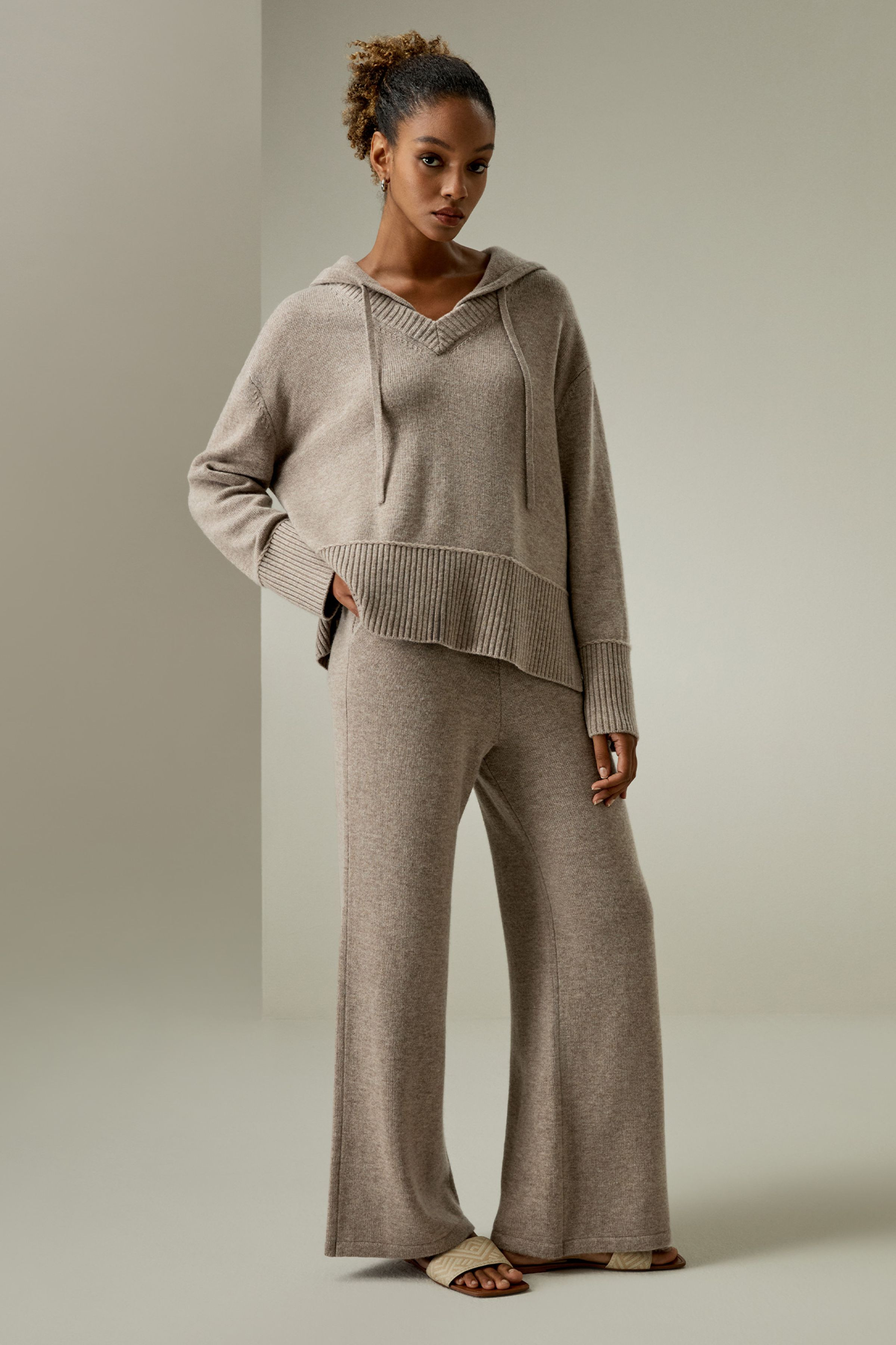 V Neck Wool-Cashmere Blend Hoodie | LILYSILK